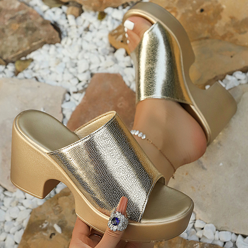 Square Toe Mule - Sandal Platform Chunky Emas Perak Fashion