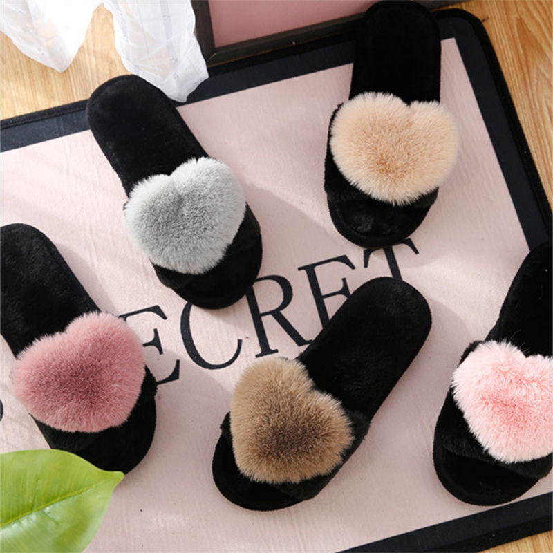 Women Shoes Winter - crriflz Sandal Wanita Berbentuk Hati Berbulu