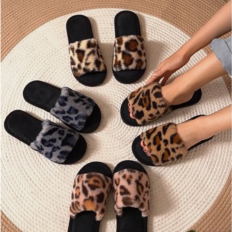 Women Shoes Winter - Sandal Bulu Leopard Hangat Lembut Musim