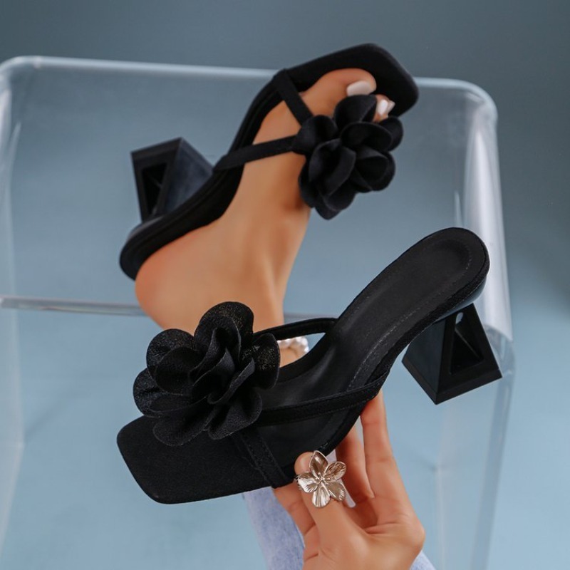 Square Toe Mule - Sandal Dekorasi Bunga 3D Wanita Sandal