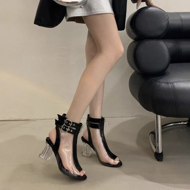 Square Toe Mule - Sandal Hak Kristal Ritsleting Musim Panas