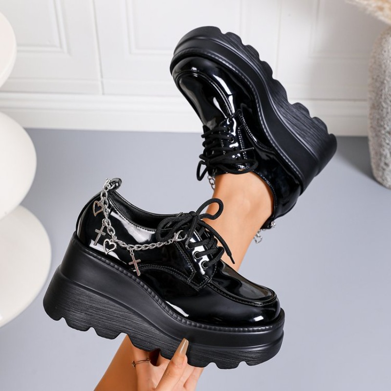 Women'S Shoes Loafers Black - Sepatu Kulit Platform Hitam Mengkilap dengan