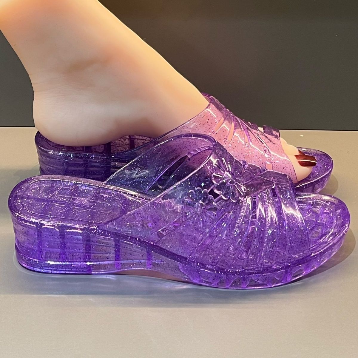 Sandal Wedge Jelly Glitter Ung - Women Shoes Mules ulasan dan harga